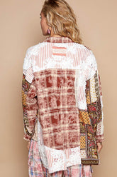 POL Crochet Plaid Patchwork Button Up Shirt OutfitFlow